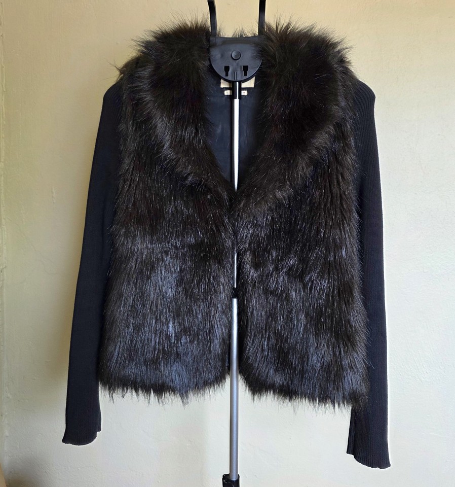 Rusty Size 12 Black Cotton Ribbed Sleeve Jacket Faux Fur Vest Brown Soft
