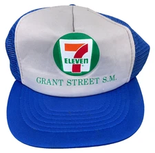 Vintage 7 Eleven Trucker Hat Cap Snapback Blue Gray Oil Gas Station Truck Stop