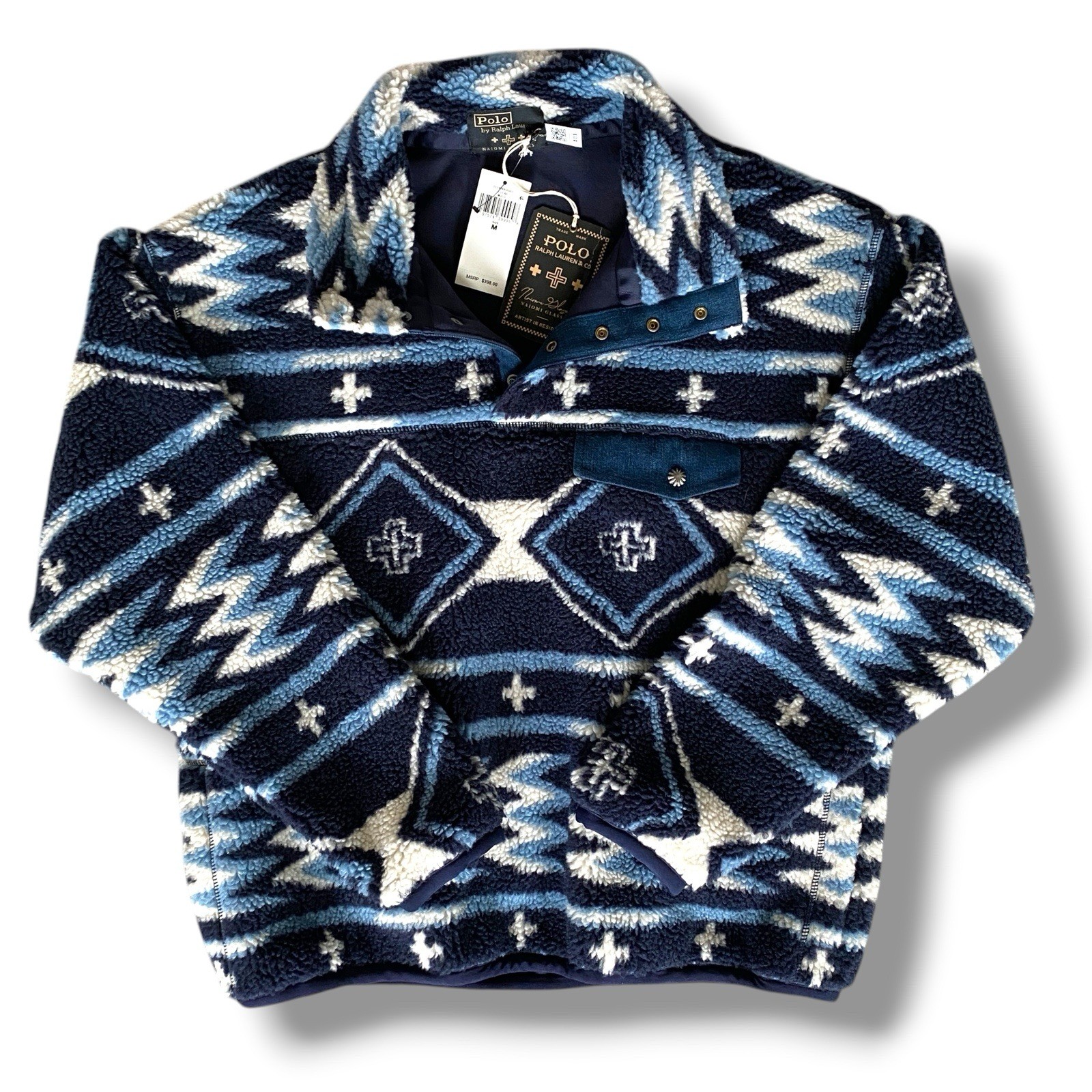 New Polo Ralph Lauren X Naiomi Glasses Navajo Print Fleece Pullover Sz M Blue