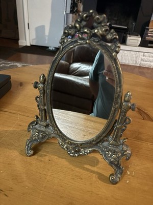 Antique Ornate Oval Tabletop Vanity Brass Mirror-Resembling Baroque/Louis XVI!