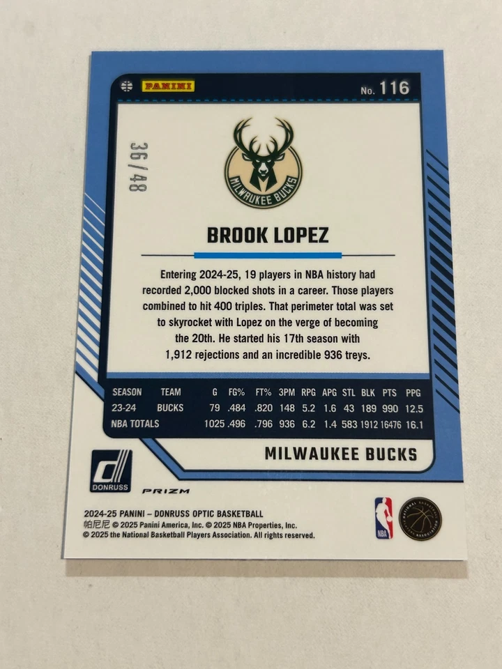 2024-25 DONRUSS OPTIC BROOK LOPEZ 36/48 选择白色 MOJO PRIZM BUCKS SP TN2 — 第 2/2 张图片
