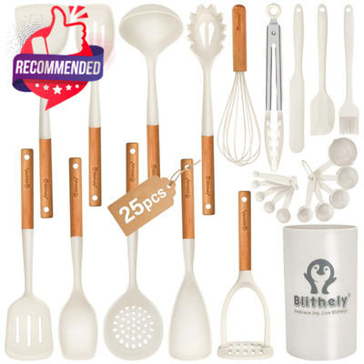 Silicone Kitchen Utensils Set with Holder 25 Piece Cooking White 33cm Large