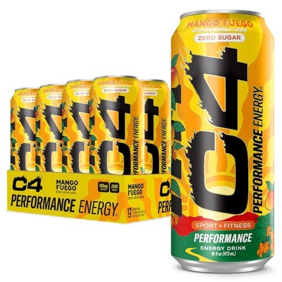 C4 Performance Energy Drink, Mango Fuego, Zero Sugar Carbonated Preworkout Energ