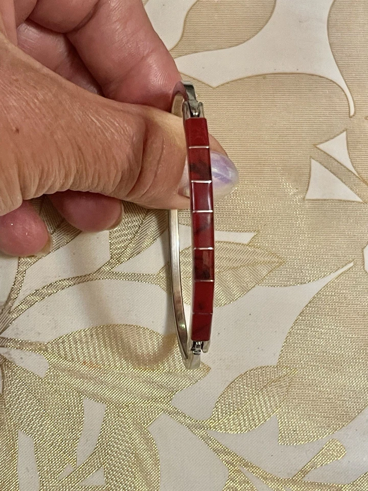 Vintage Southwest Sterling Silver Red Jasper Cuff Bangle Bracelet Coral Color - Image 3 of 4