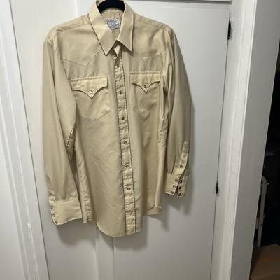 Vintage H Bar C Shirt Mens 15 1/2 34 Cream Pearl Snap Western Long Sleeve Tail