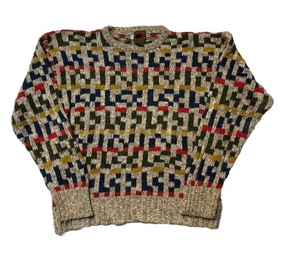Vintage Boston Traders Sweater Mens Large Chunky Knit Cotton Geometric Fisherman