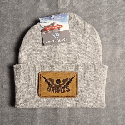 Baltimore Orioles Leather Rectangle Patch Gray Beanie Cap MLB 