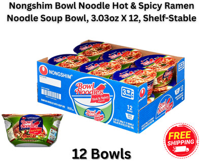 Nongshim Bowl Noodle Hot & Spicy Ramen Noodle Soup Bowl, 3.03oz X 12, Shelf-Stab