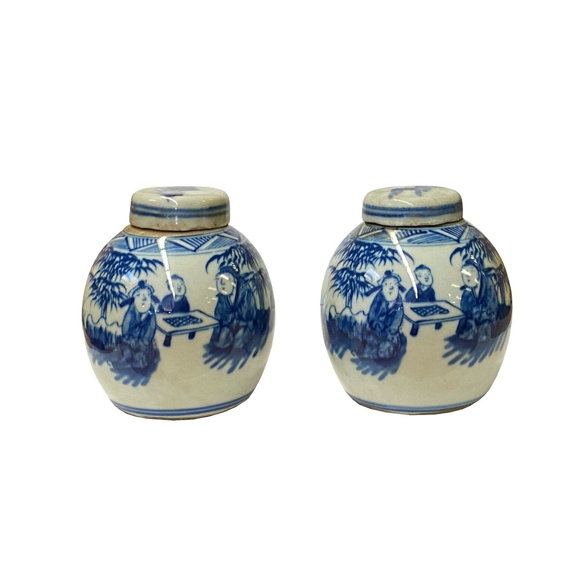 Pair Blue White Mini Oriental People Tree Porcelain Ginger Jars ws1971S Pair Blue White Mini Oriental People Tree Porcelain Ginger Jars ws1971S