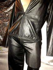 VTG 80s SILKY RUBBA NYLON SPANDEX BURLESQUE SHINY SET PANTS BLOUSE JACKET TOP