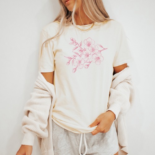 Pink Floral Tee Cherry Blossom Graphic Shirt - Picture 4 of 7