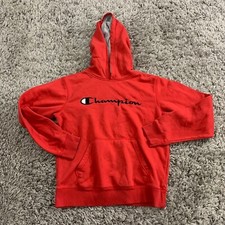 Champion Sweater Youth L Large Red Blue Logo Sweatshirt Hoodie Hooded Pullover