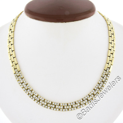 18K Yellow Gold 4ctw Pave Diamond 3 Row Brick Link Chain Statement Necklace