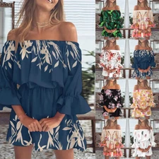 Women Floral Boho Mini Dress Ladies Summer Holiday Beach Off Shoulder Sundress⇓