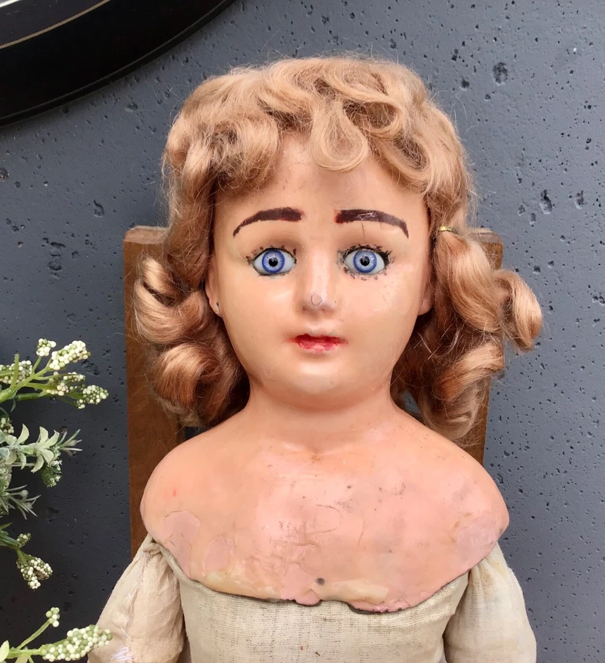 Шикарная антикварная кукла 25 дюймов с восковой композицией — голубые стеклянные глаза, блондинка Хума - Изображение 3 из 4