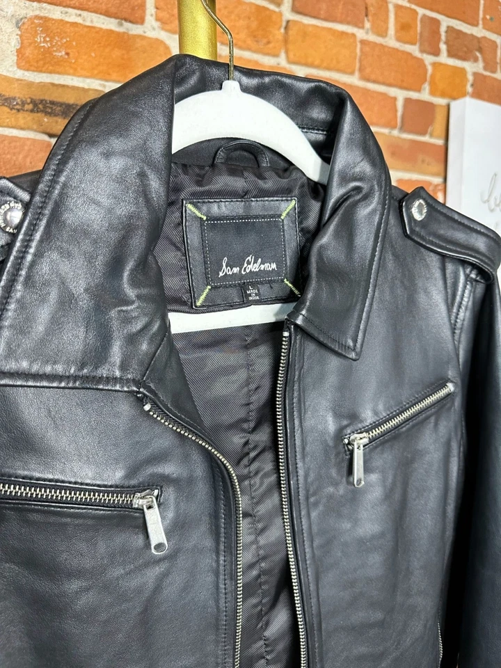Chaqueta de motociclista Sam Edelman para mujer de cuero negro detalles con cremallera grande nueva sin etiquetas Foto 3 de 4