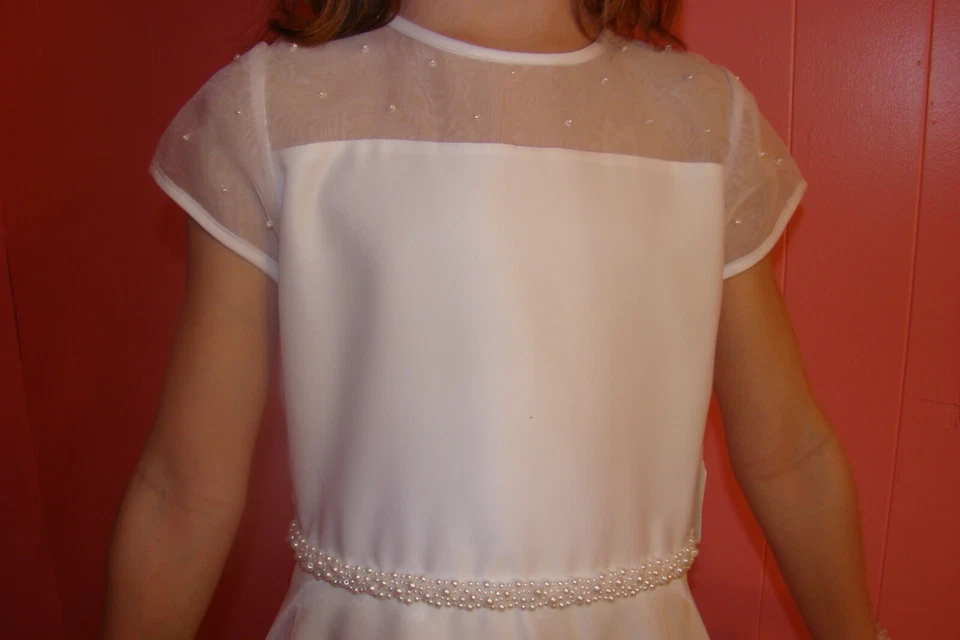 Vestido Primera Comunión US Angels Blanco Estilo #214 Cluster Perla Cintura Satén Top Foto 3 de 4