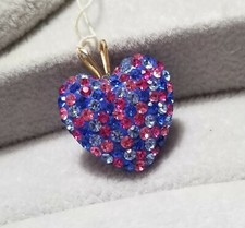 10k yellow gold Puffy blue pink red crystal heart Pendant necklace
