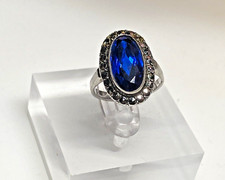 Sterling Silver 925 Ring Jewellery Marcasite Oval Blue Stone Size J1/2
