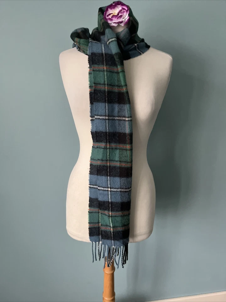 Lochcarron blue & green tartan check fringe 100% lambswool scarf - Image 2 of 4