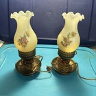 Set of 2 Vintage Milk Glass & Brass Hurricane Lamps Floral Blossom Pattern