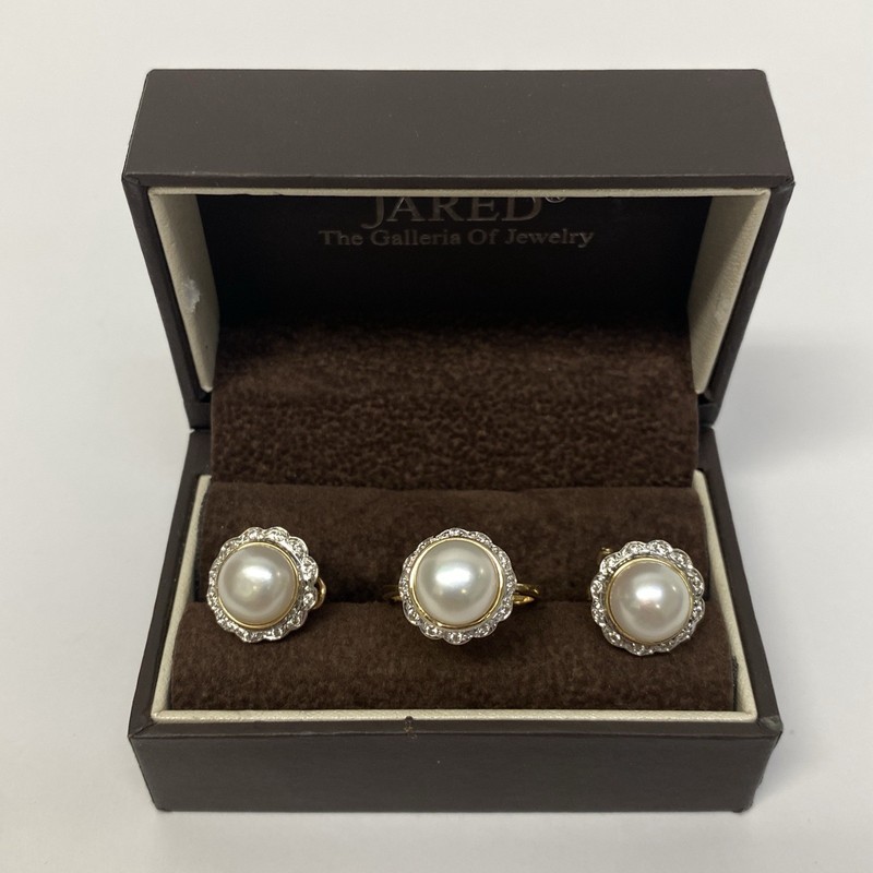 14k Yellow Gold Pearl CZ Ring & Pearl CZ Earring Set 10.8g size 6.5