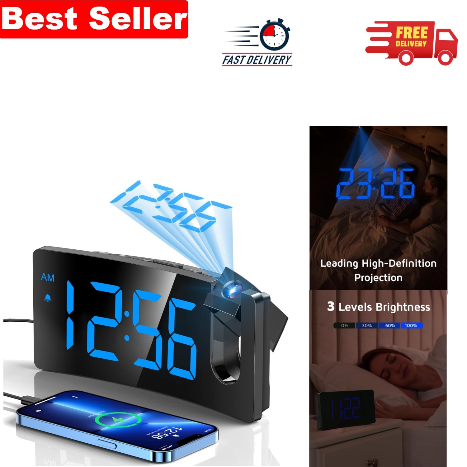 Elegant LED Projection Alarm Clock with 180° Rotating Projector & USB Charging