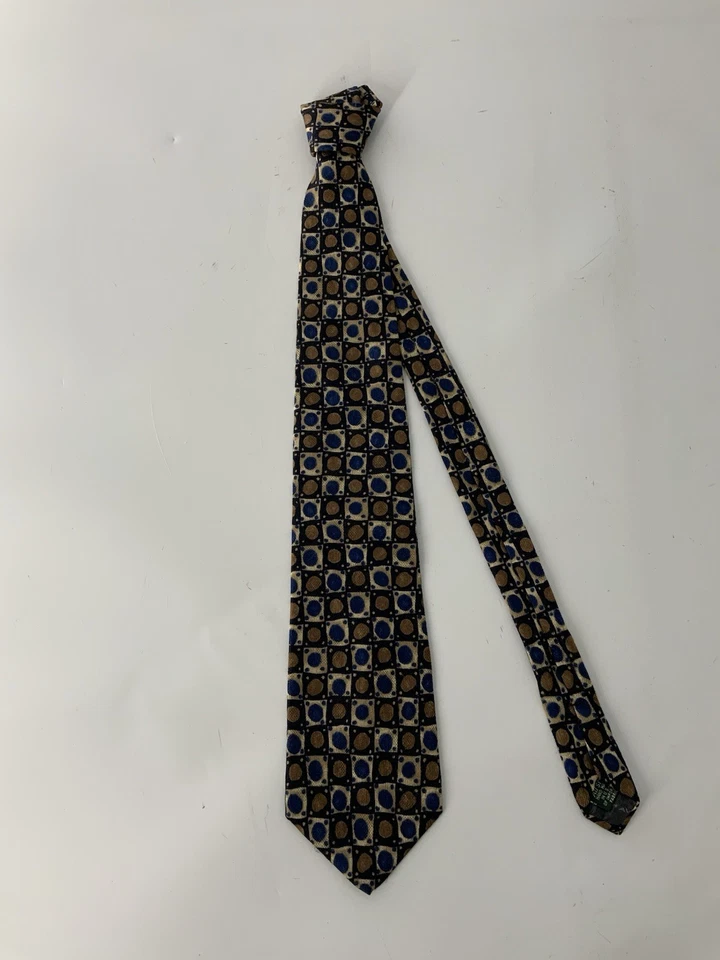 Saks Fifth Avenue Necktie Brown Blue Geometric Silk Hand Made In USA YGI S5-114 - Image 2 of 4