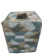 Plastic Canvas Knit White Gray Brown Blue Tissue Box Holder Cover Completed 968