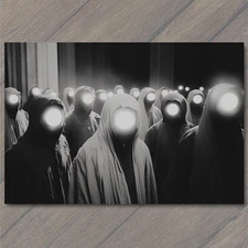 POSTCARD Monochrome Glowing Faceless Cult Figures Horror Surreal Dystopia