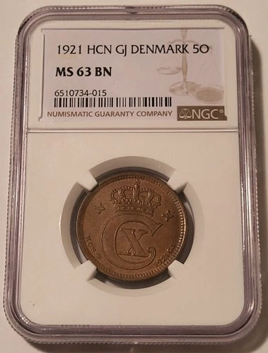 Denmark Christian X 1921 HCN GJ 5 Ore MS63 NGC