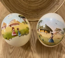 Pair Of Vintage Hand Painted Ostrich Eggs With African Village Scenes