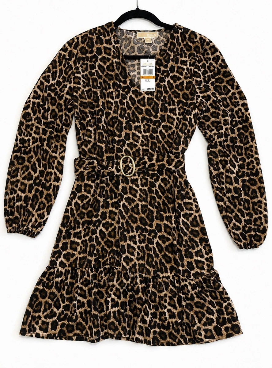 long sleeve sheath dress michael kors leopard dress MK MICHAEL KORS Julia Smocked Waist Animal-Print Dress Leopard Size Medium