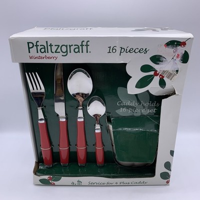 Pfaltzgraff Winterberry 16 Piece Flatware w/ Storage Caddy