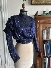 Antique Victorian Bodice Blouse Top Rare Blue Silk Polkadot Lace High Neck 25w