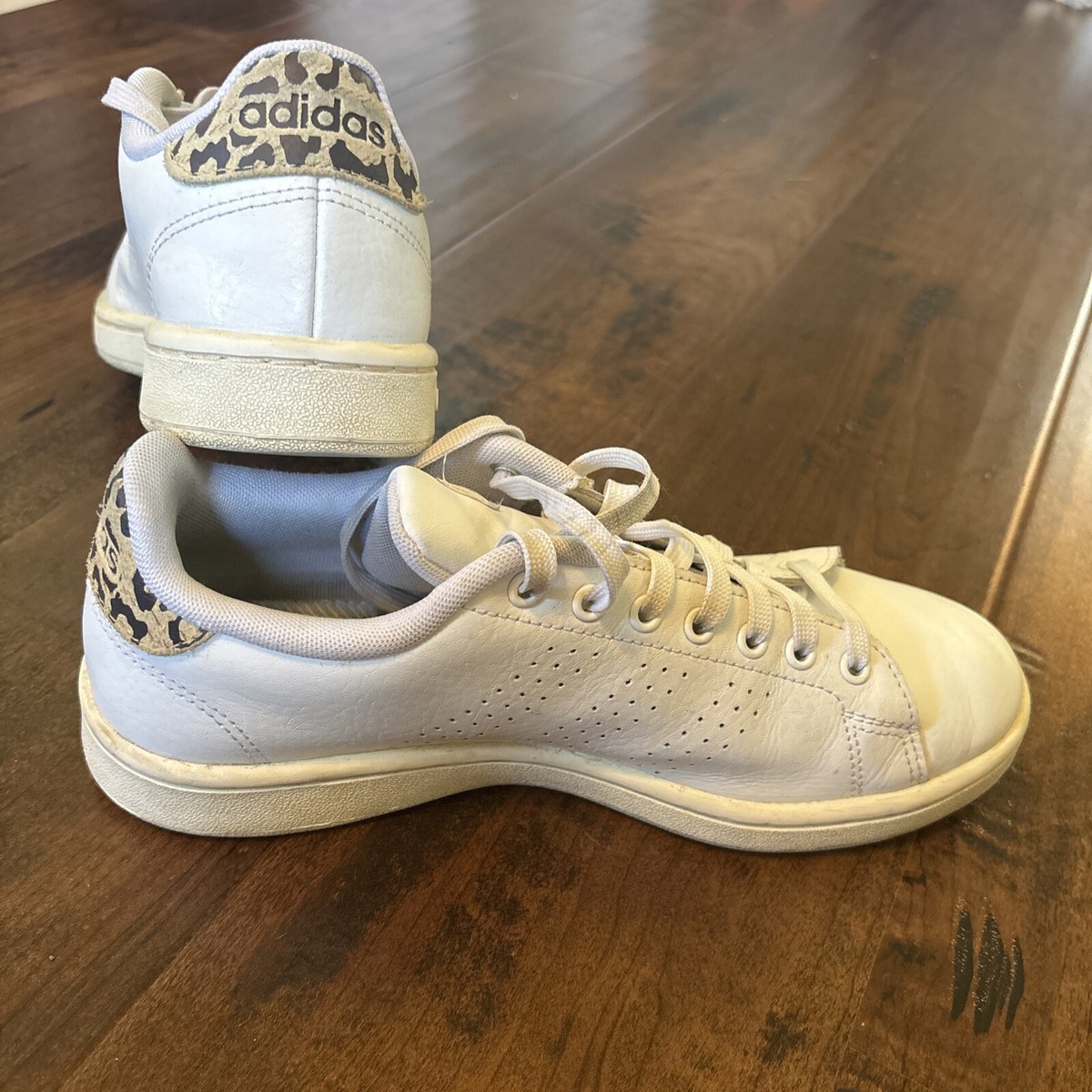 ADIDAS ADVANTAGE SHOE WOMENS TENNIS, White/Leopard Heel, Women Size  Sneaker