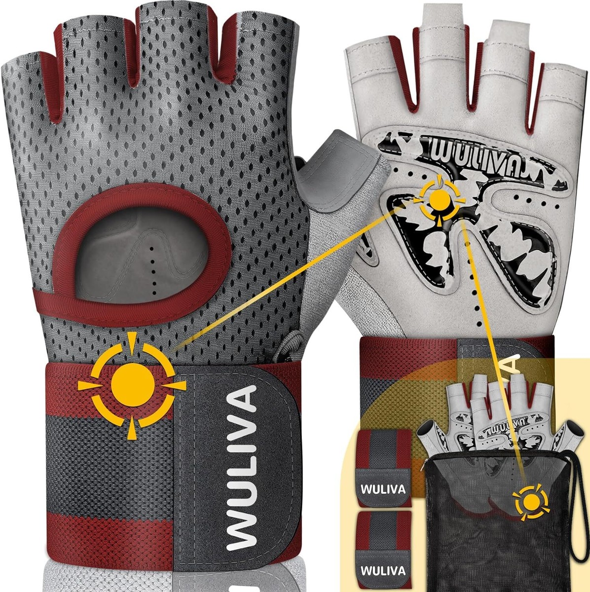 SIZE L Unisex Gym Gloves with Wrist Strap and Mesh Bag