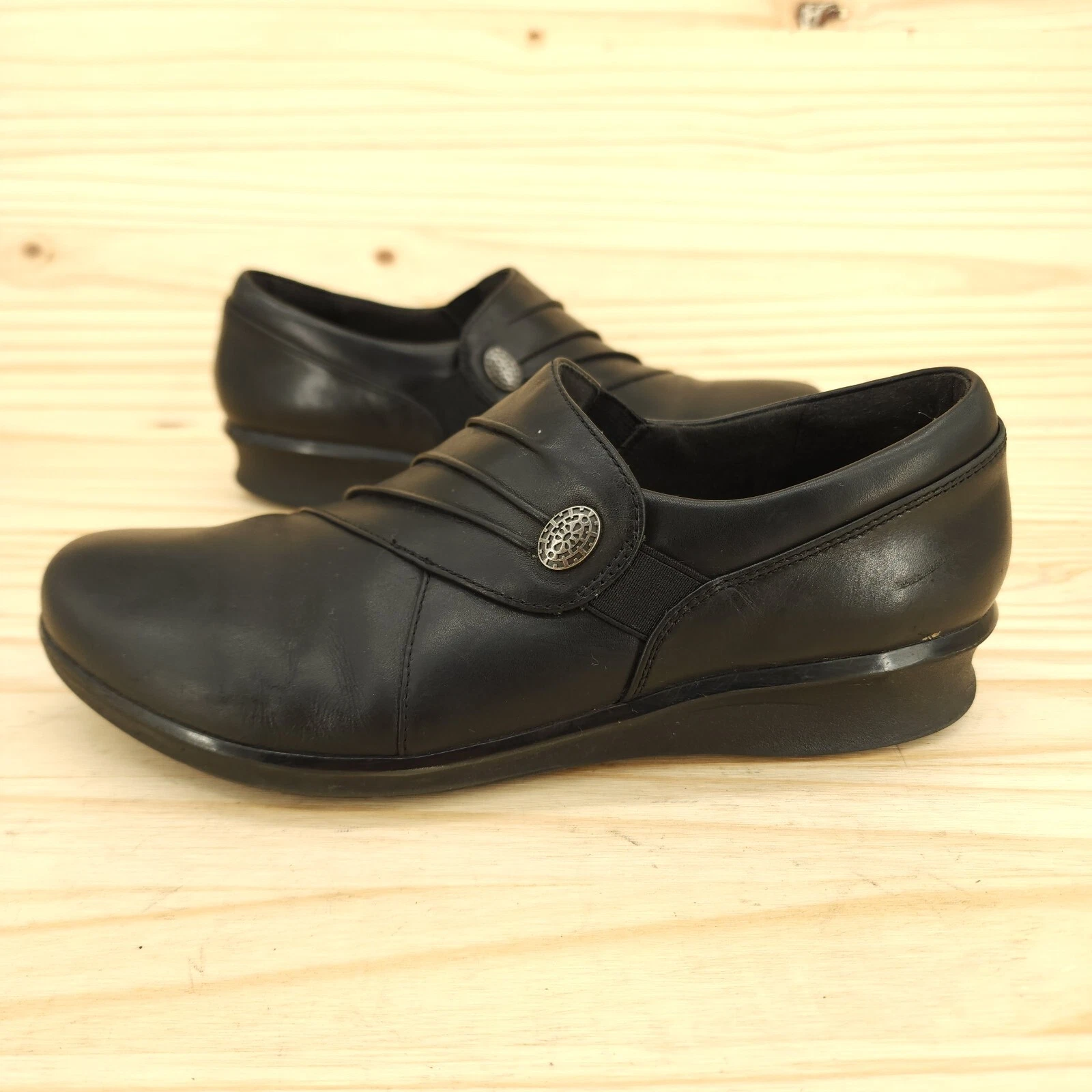 Mocassini donna Clarks zeppa taglia 8 M stivaletti neri in pelle comodi ufficio