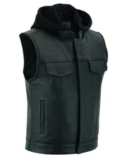 Men’s Leather Motorcycle Vest Black Design w/ Removable hood & Concealed Pockets