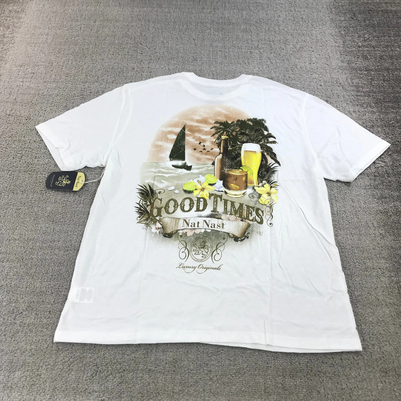 Nat Nast Shirt Mens Medium Crew Neck Good Times Hawaiian Camp Beer Island b54