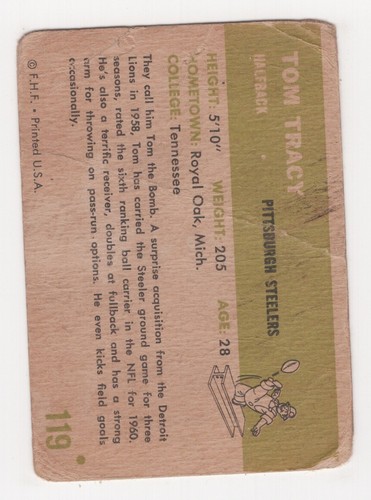 1961 FLEER FOOTBALL TOM TRACY PITTSBURGH STEELERS #119 - Picture 2 of 2