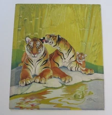 JOEL STOLPER 1930'S PAINTING ANTIQUE  ILLUSTRATION ART DECO RARE TIGER CAT WILD