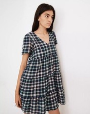 Madewell Plaid Tiere Babydoll Oversized Dress Blue Sz M Flowy Festival Academia