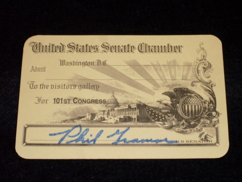 Vntg collectible US Senate Chamber Pass, 101st Congress 1989-91, Sen. Phil Gramm