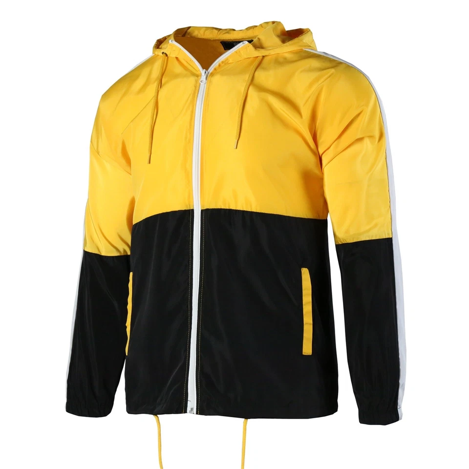 Jaqueta com capuz masculina leve à prova de vento zíper Anorak corta-vento amarela preta - Imagem 2 de 4