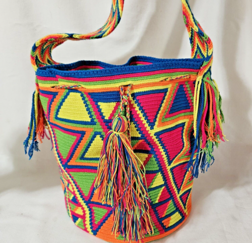Wayuu Mochila Bucket Bag Tote Draw String Shoulder Woven 14" x 12" Neon Abstract