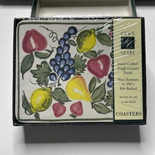 Vintage Lady Clare Set Of 4 Coasters Fruit Grapes Apples 4” X 3 1/2”
