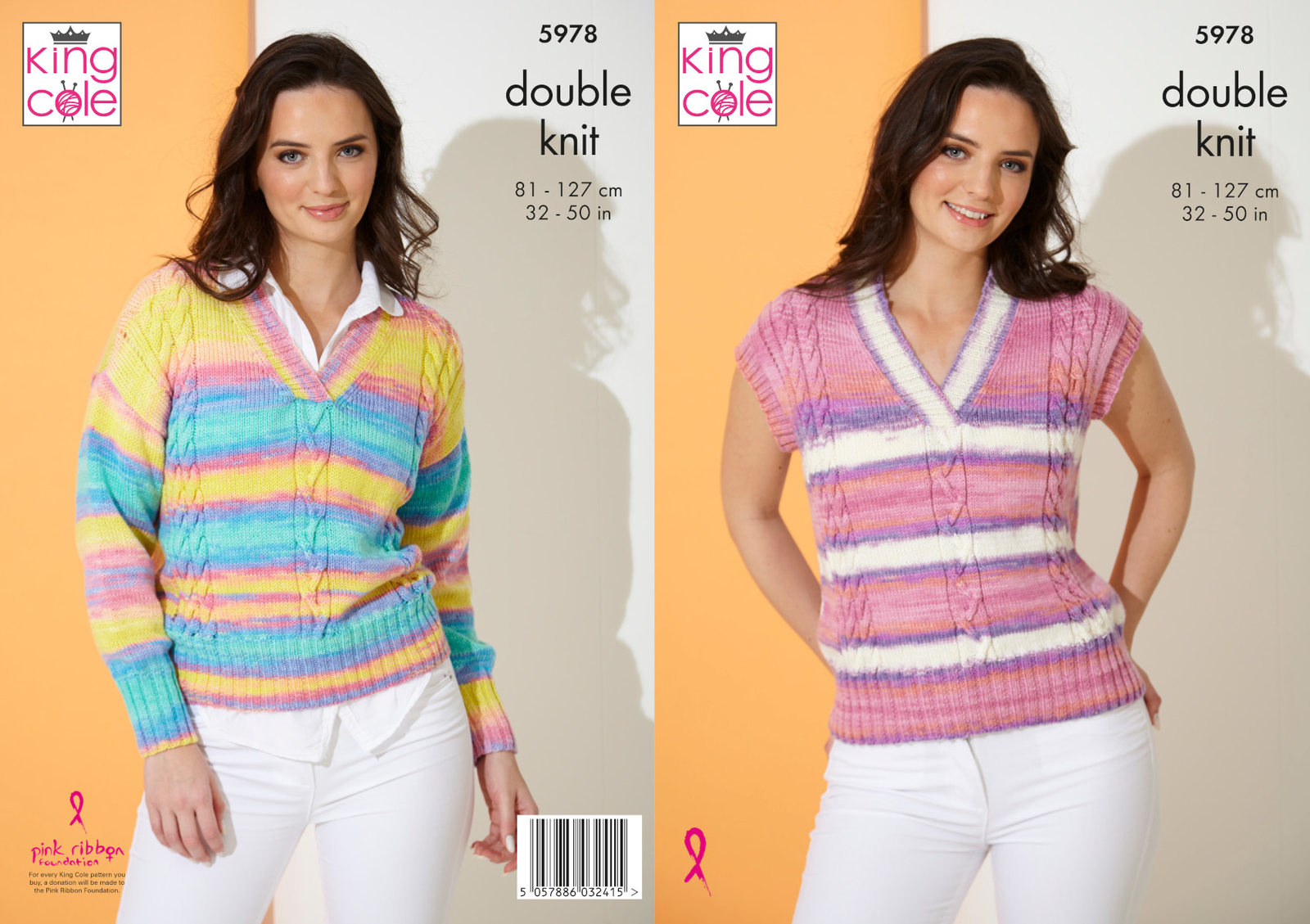 King Cole Ladies DK Knitting Pattern V Neck Cable Knit Sweater & Top (5978), 32" - 50" - Image 2