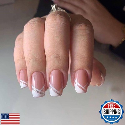 24 PCS Press on Nails, Short Square Diagonal French Gel Nail Fake Nails, Glue