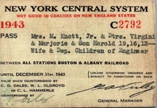 1943 New York Central System Railroad Pass - Engineer